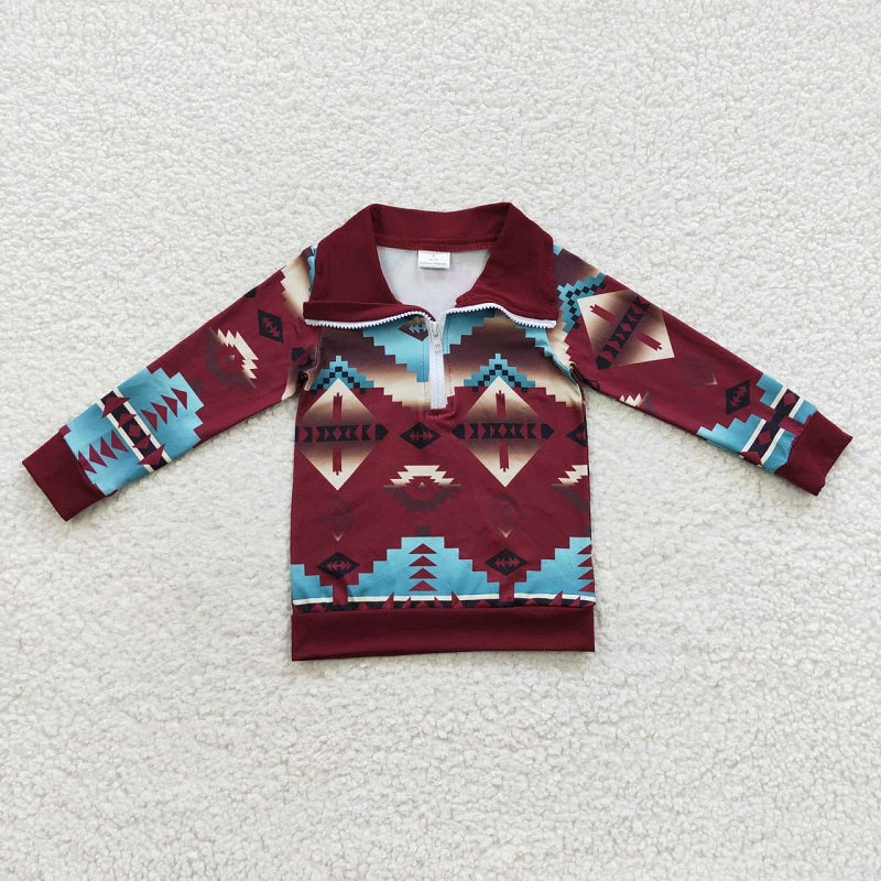 BT0228 Geometric Red Zip Long Sleeve Top