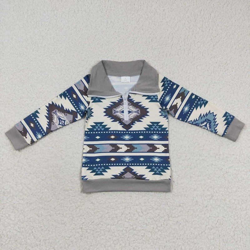 BT0229 Geometric Light Gray Zip Long Sleeve Top