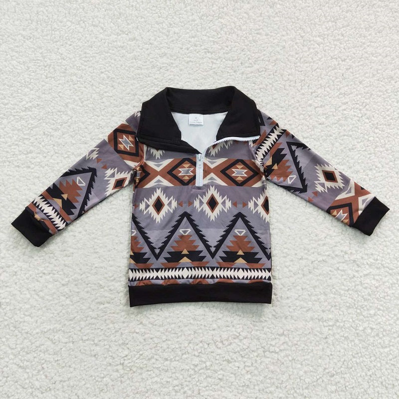 BT0230 Geometric Dark Gray Zip Long Sleeve Top