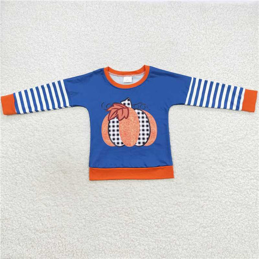 BT0243 Plaid Orange Pumpkin Blue and White Stripe Long Sleeve Top