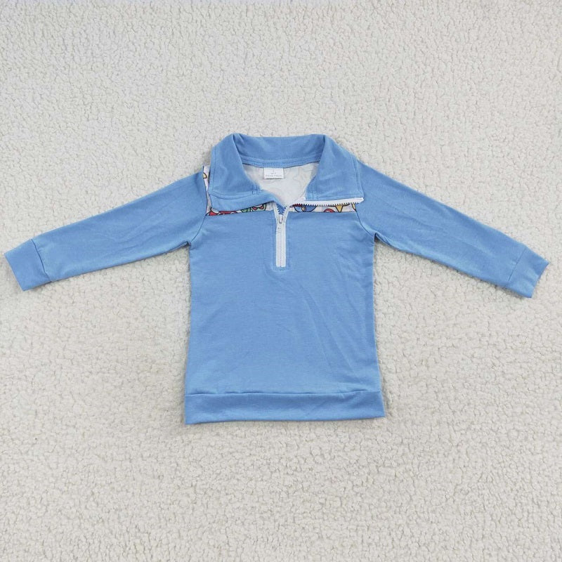 BT0265 Cartoon Dinosaur Light Blue Zipper Long Sleeve Top