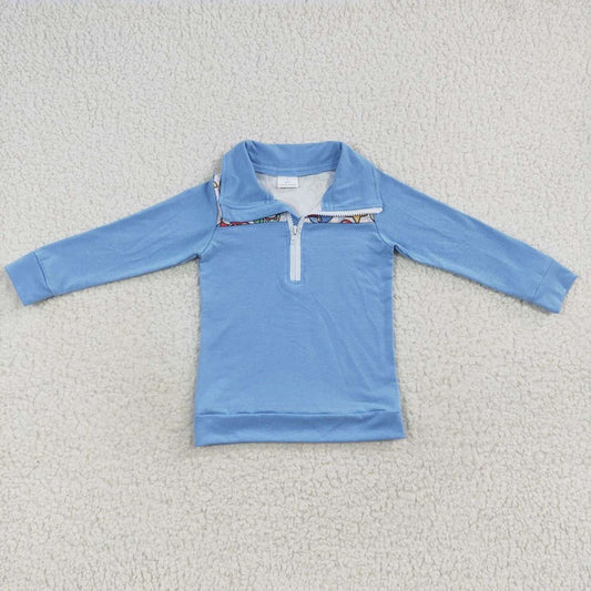 BT0265 Cartoon Dinosaur Light Blue Zipper Long Sleeve Top