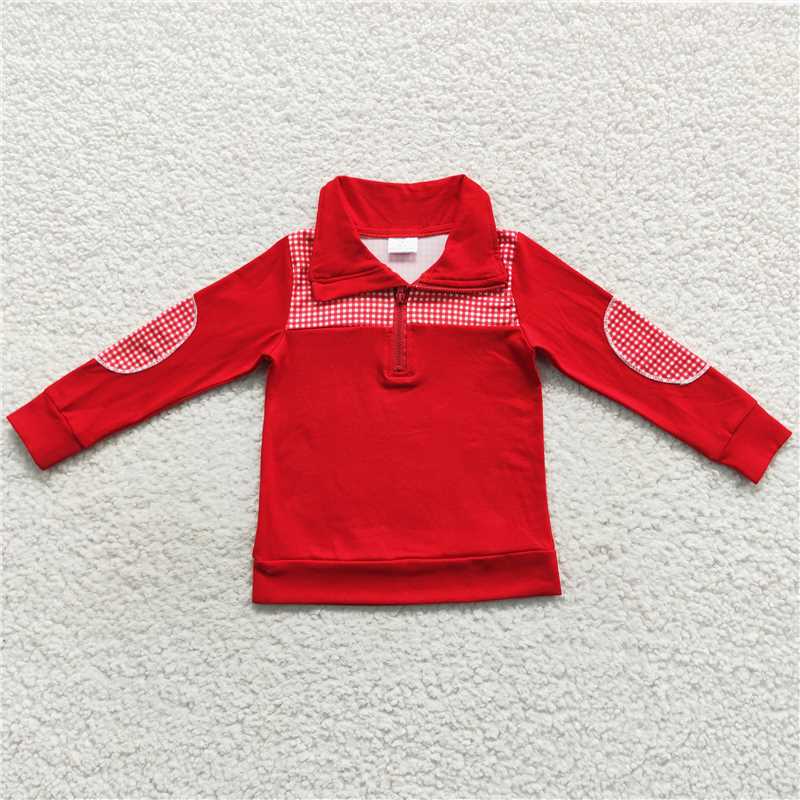 BT0291 Red plaid zipper long sleeve top