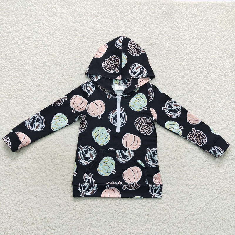 BT0306 Pumpkin Pocket Zip Black Hoodie Long Sleeve Top