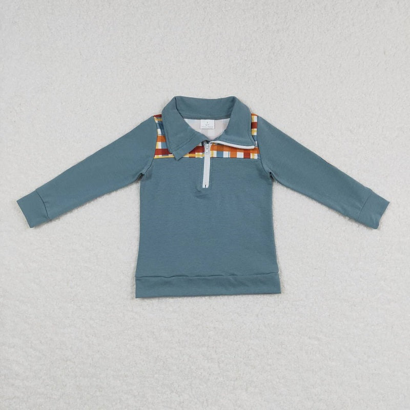 BT0313 Orange and green plaid zipper long-sleeved top