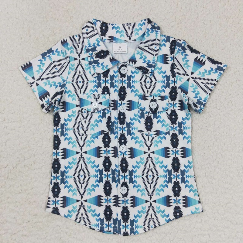 BT0316 aztec geometric striped button-down beige short-sleeved top