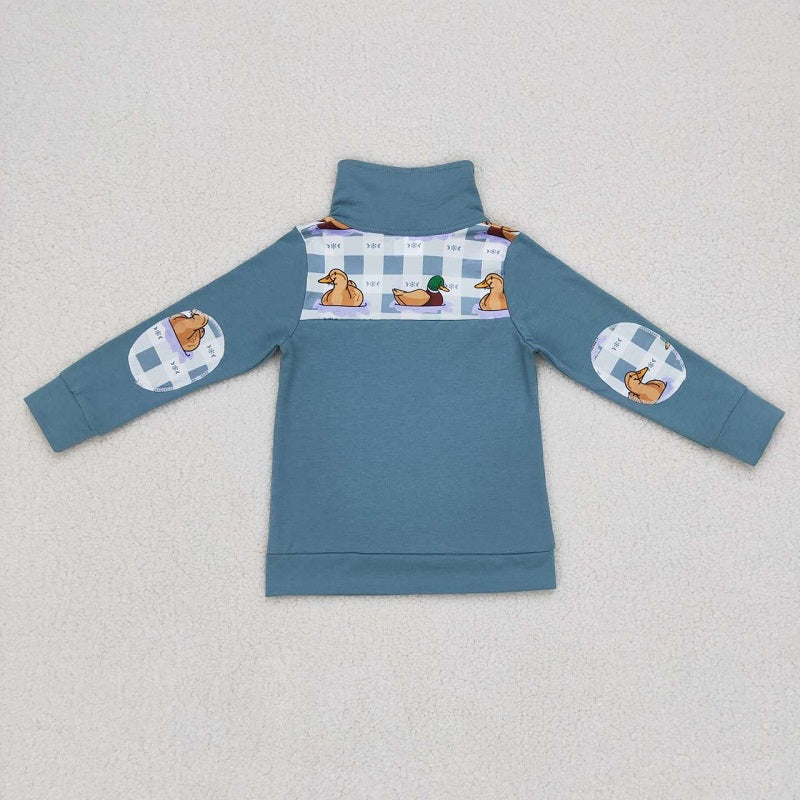 BT0329 Duck Blue and White Plaid Zip Long Sleeve Boys Top