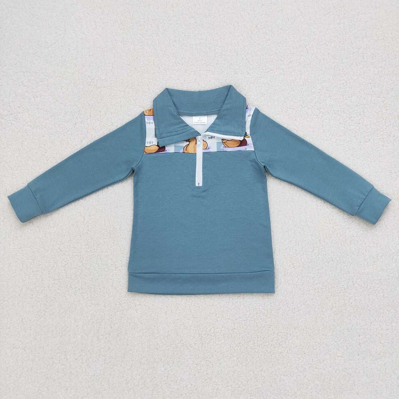 BT0329 Duck Blue and White Plaid Zip Long Sleeve Boys Top