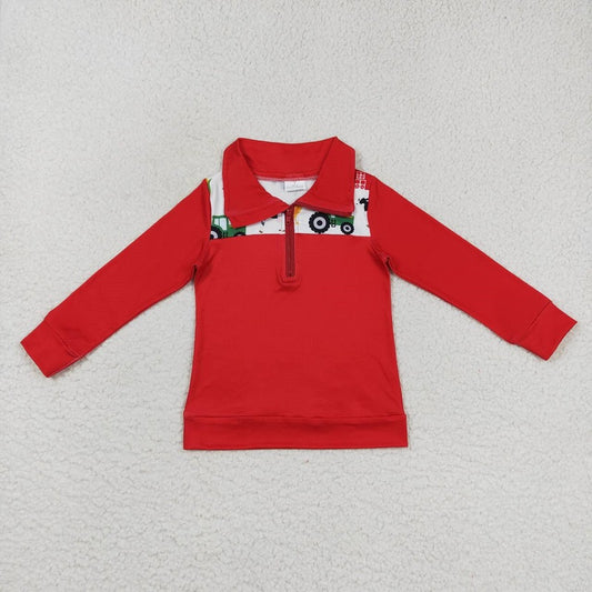 BT0347 Boys Farm Animals Red House Tractor Corn Zip Long Sleeve Top