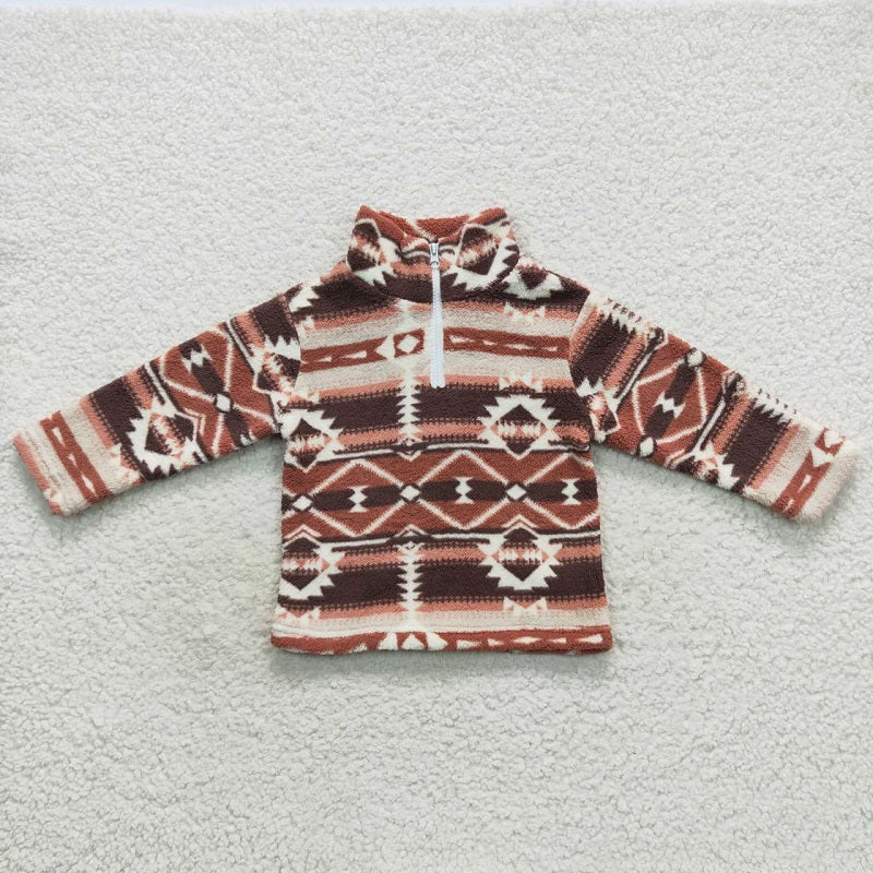 BT0369 Geometric Red Brown Zip Fur Jacket Long Sleeve Top