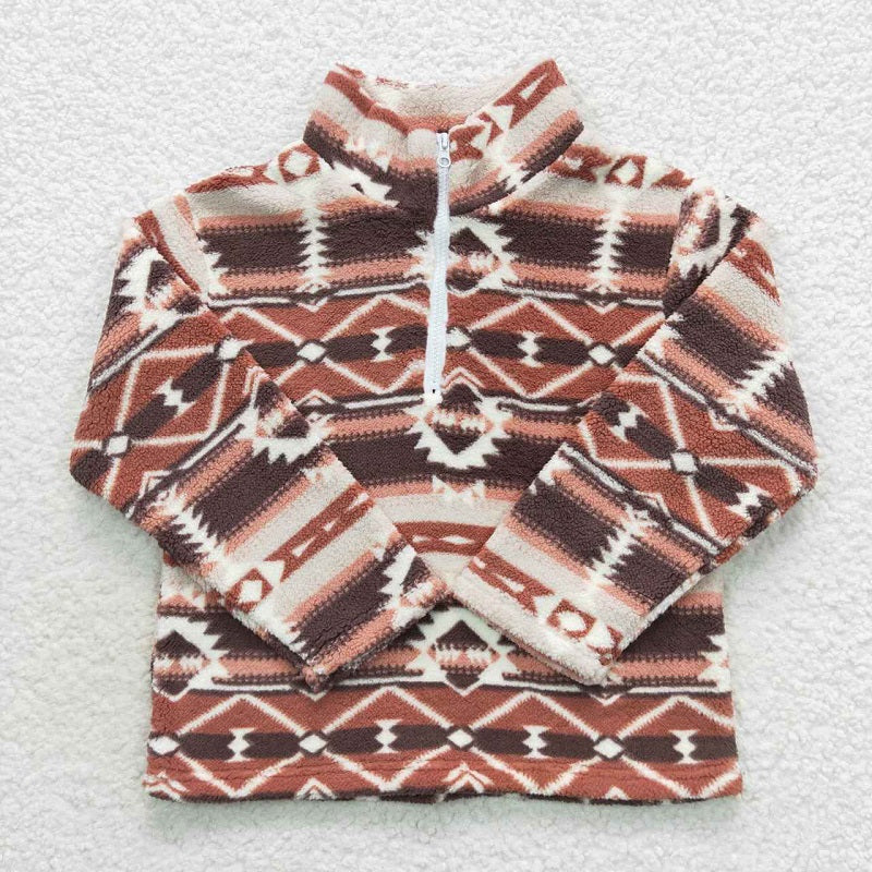 BT0369 Geometric Red Brown Zip Fur Jacket Long Sleeve Top
