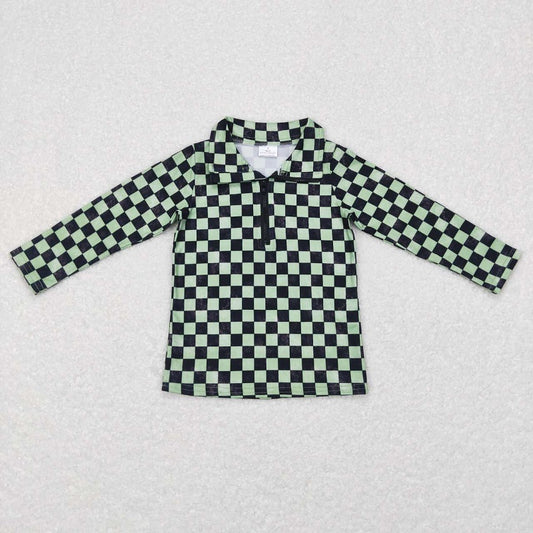 BT0399 Black and green plaid zipper long-sleeved top