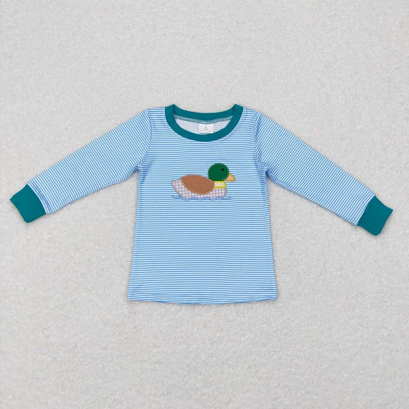 BT0402 Embroidered duck blue and white striped long-sleeved top