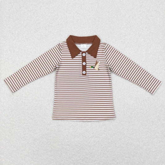 BT0404 Embroidered Duck Khaki White Striped Collar Long Sleeve Top