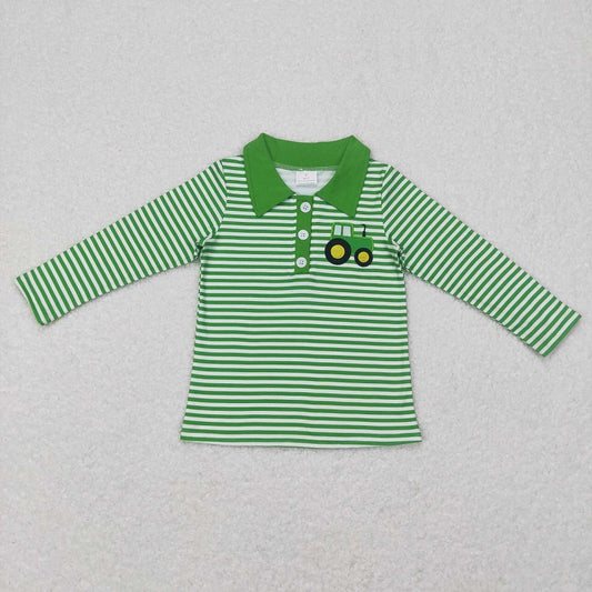 BT0405 Embroidered tractor green and white striped collar long-sleeved top