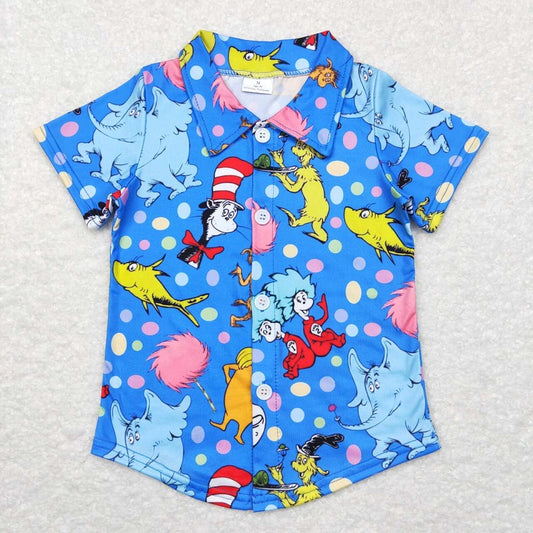 BT0421 Cartoon colorful polka dot blue button short-sleeved top