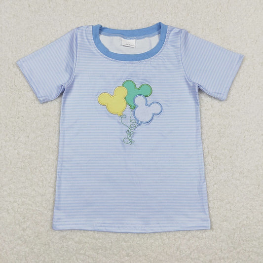 BT0482 Embroidered balloon blue striped short-sleeved top