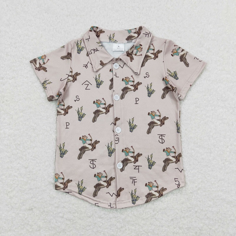 BT0484 Cactus Bunny Brown Button-Down Short Sleeve Top