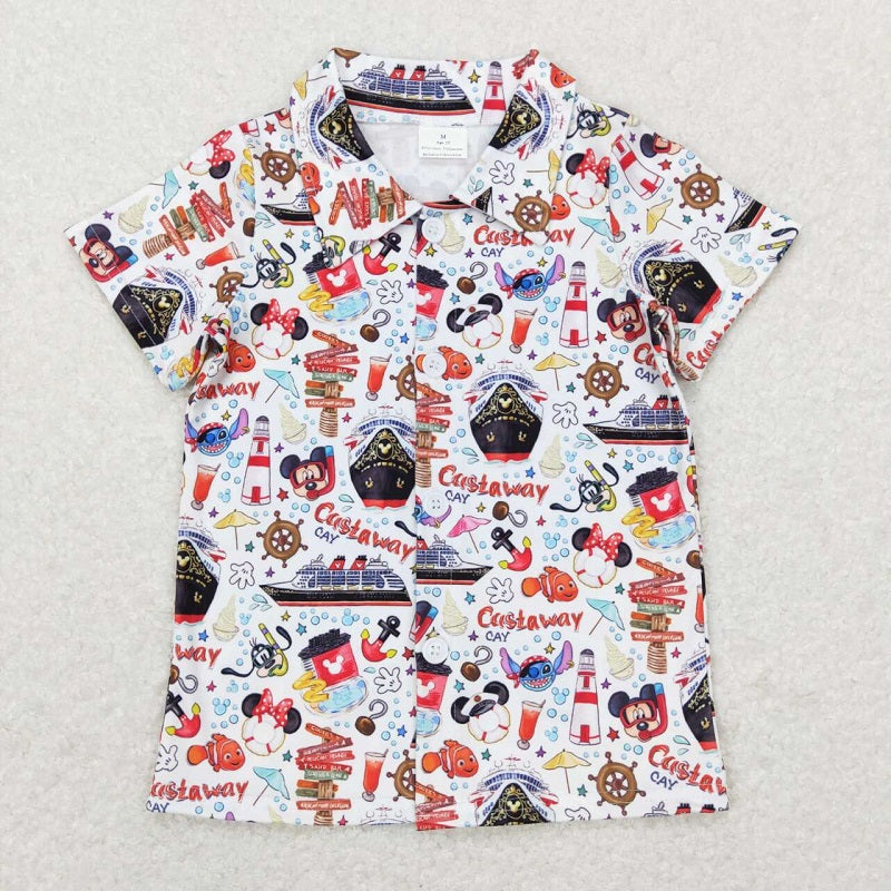 BT0490 Cartoon character white button short-sleeved top