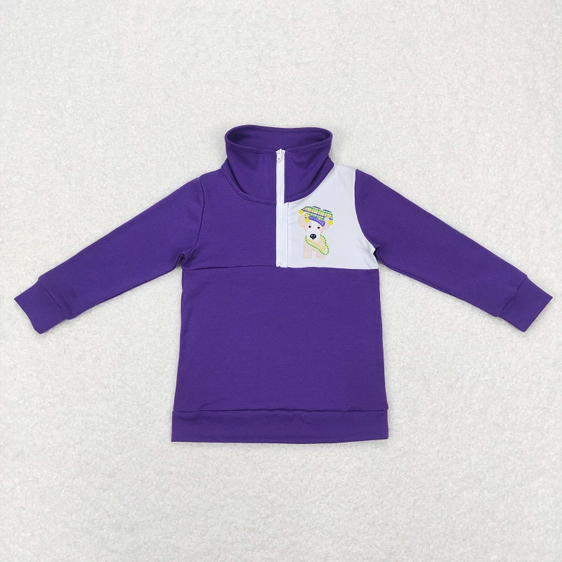 BT0492 Mardi Gras Puppy Plaid Purple Zip Long Sleeve Top