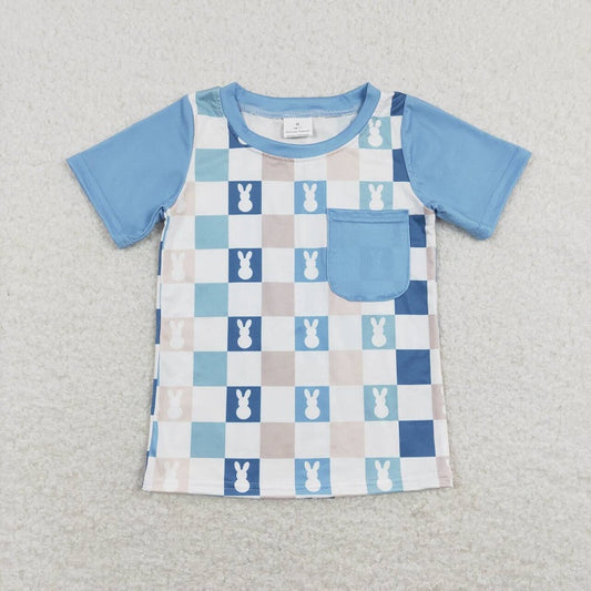 BT0590 Pocket Bunny Plaid Blue and White Short Sleeve Top