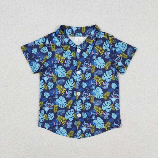 BT0608 Cartoon Leaves Blue Button Short Sleeve Top