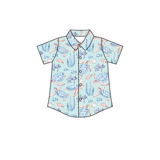 presale BT0670 Turtle Seaweed Button Blue Short Sleeve Top