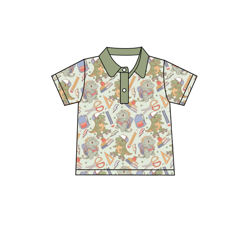presale BT0692 Schoolbag Scissors Pencil Dinosaur Green Short Sleeve Top