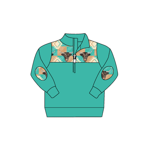 presale BT0723 Alpine Cow Head Geometric Plaid Zip Long Sleeve Top D 7.28