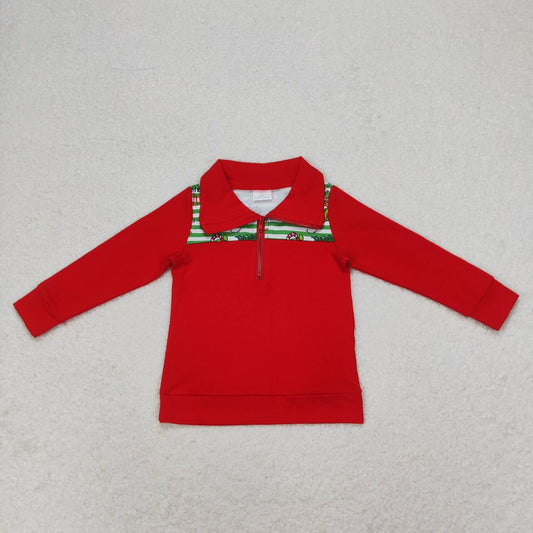 BT0726 Puppy Christmas Tree Green Stripe Red Zip Long Sleeve Top