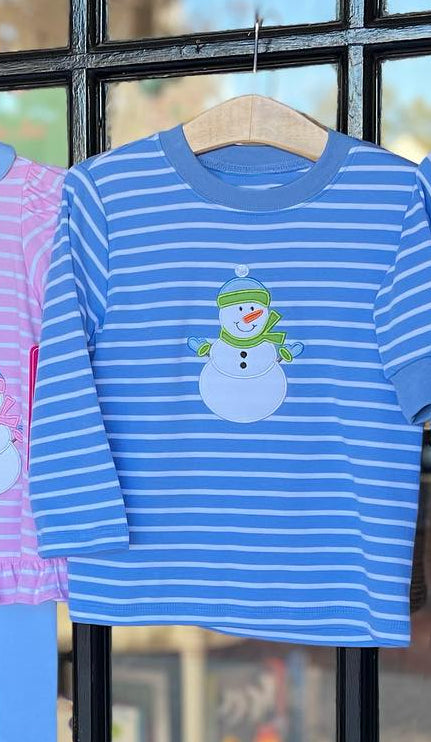 presale BT0735 Christmas Snowman Blue and White Striped Long Sleeve Top