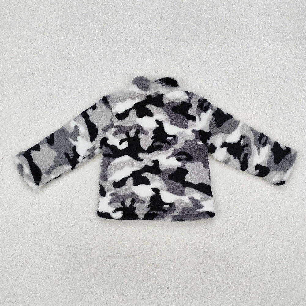 BT0744 Camouflage Off-White Zipper Plush Jacket Long Sleeve Top