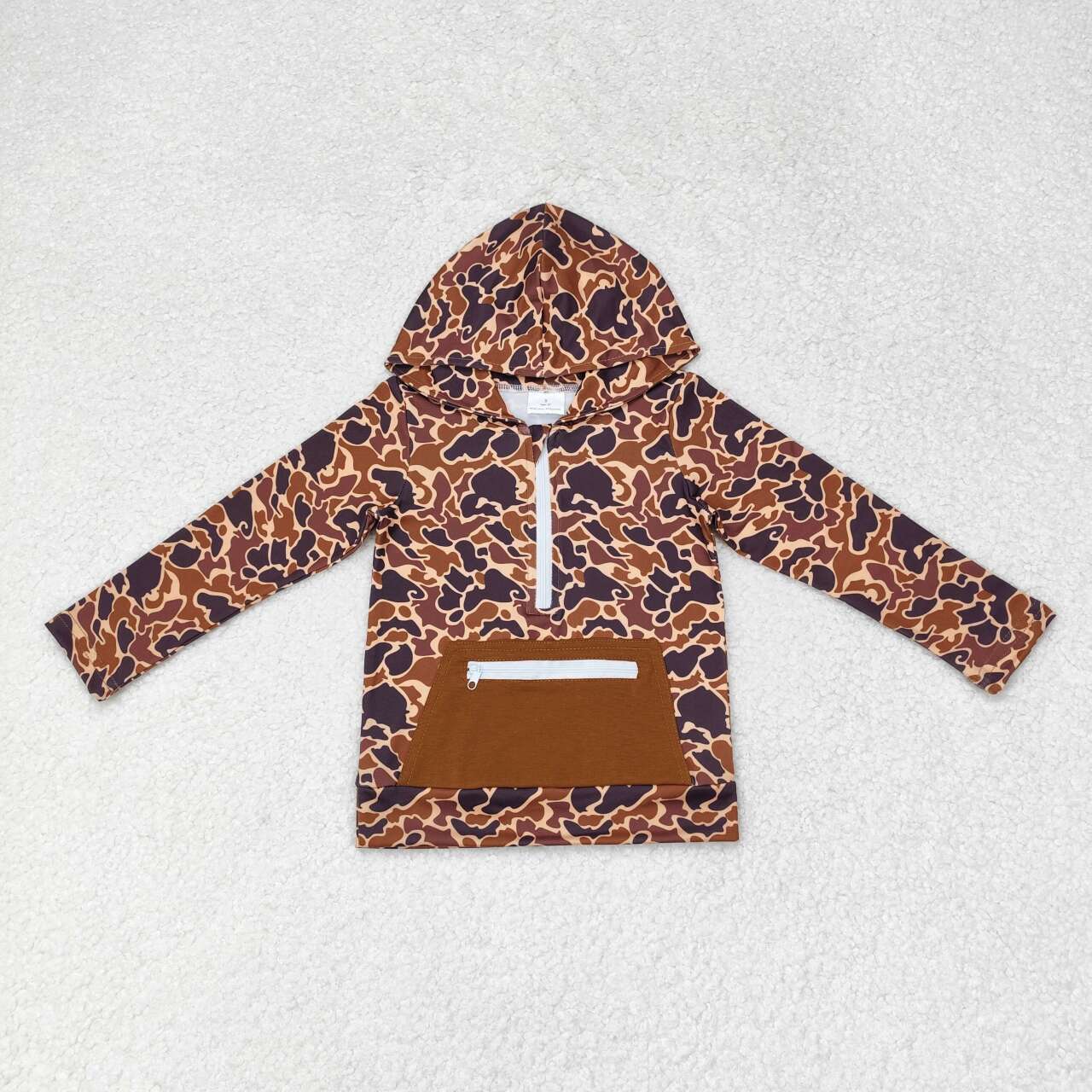 BT0746 Brown Camouflage Zipper Pocket Hooded Long Sleeve Top