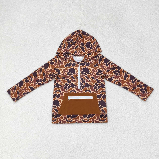 BT0746 Brown Camouflage Zipper Pocket Hooded Long Sleeve Top