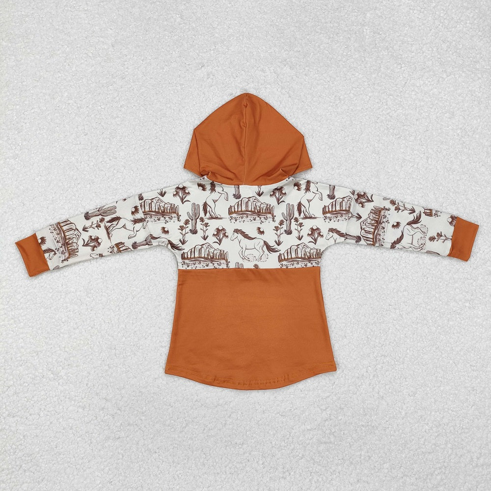 BT0750 Horse Cactus Peak Brown Hooded Long Sleeve Top