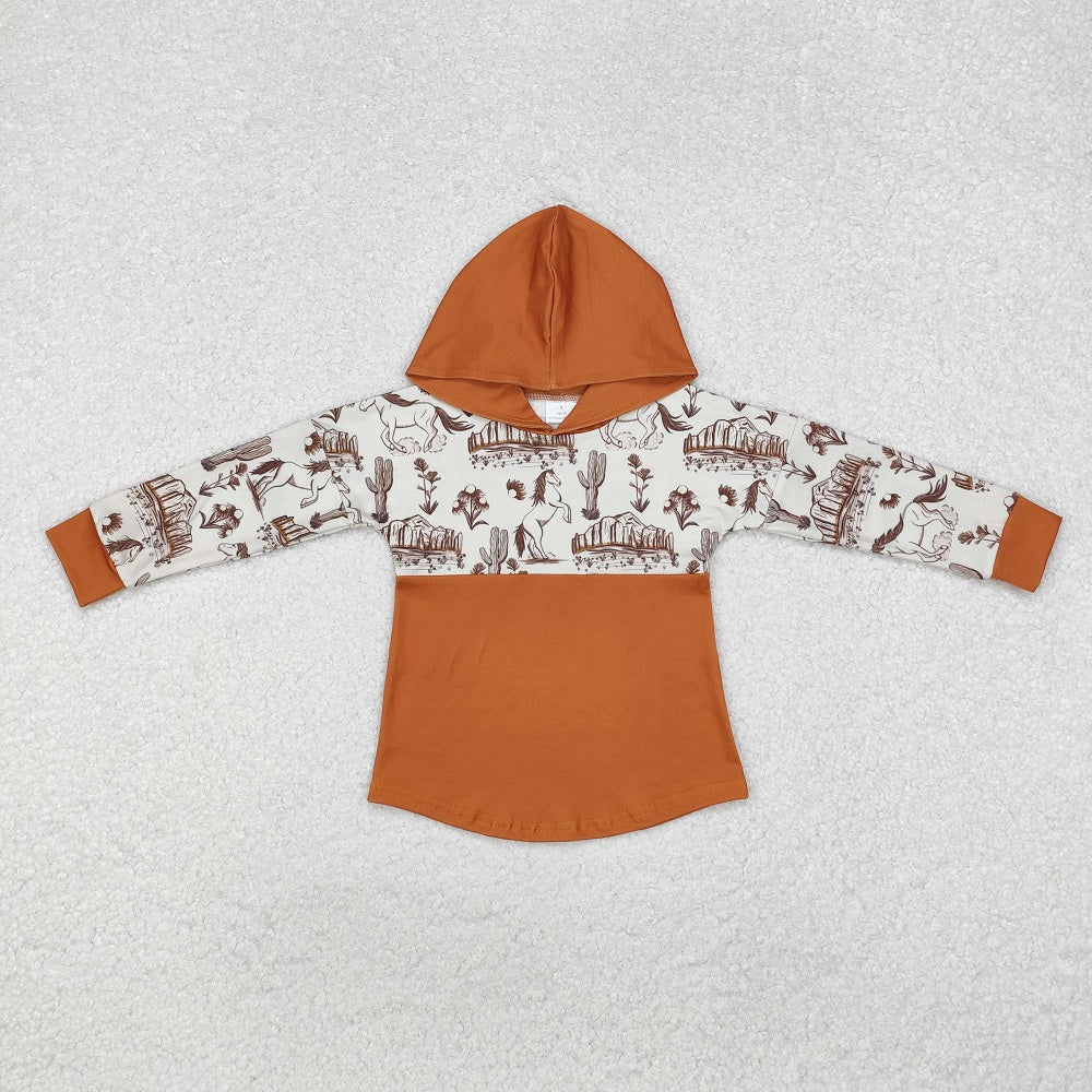 BT0750 Horse Cactus Peak Brown Hooded Long Sleeve Top