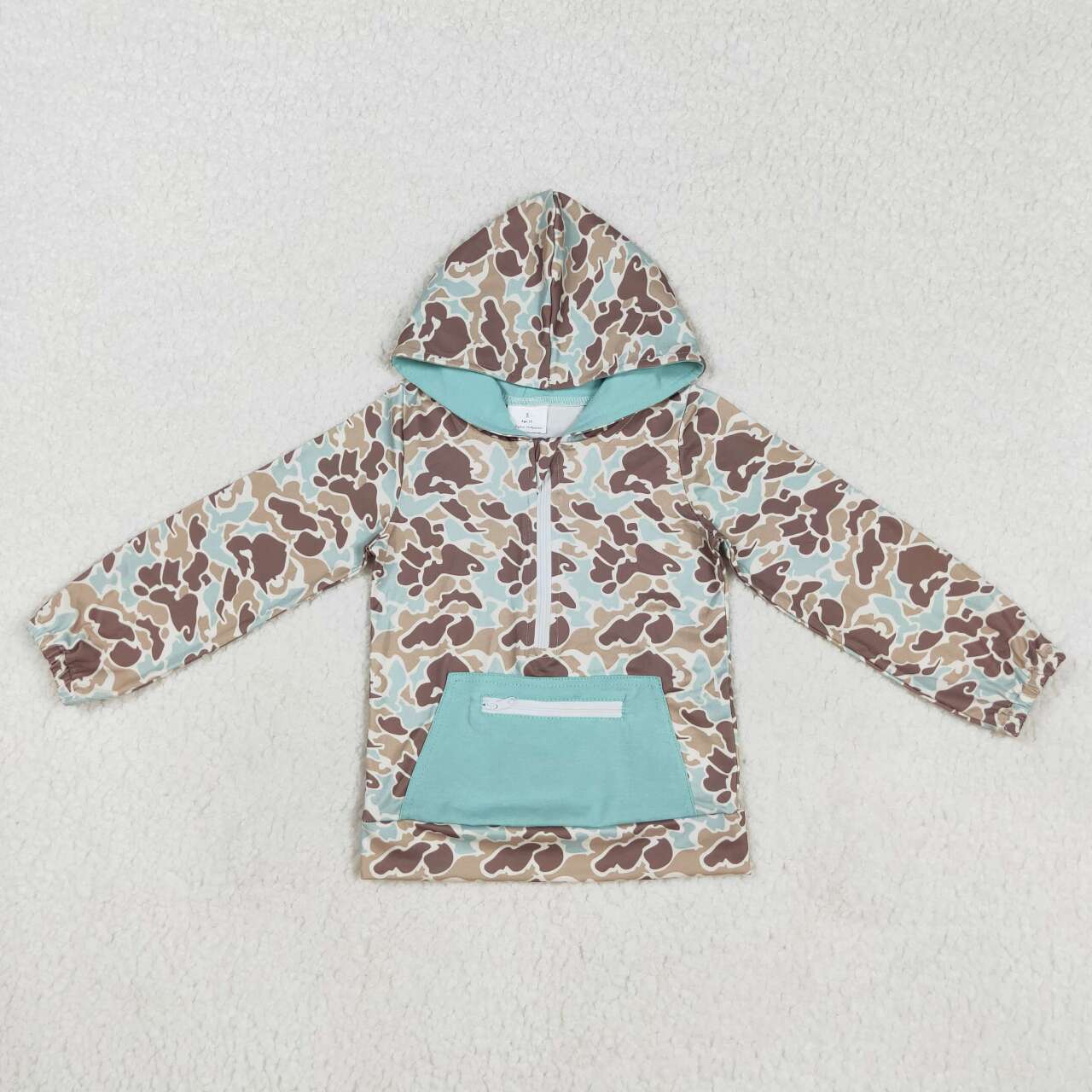 BT0751 Teal Camouflage Zipper Pocket Hooded Long Sleeve Top