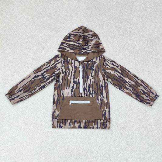 BT0753 Army Green Camouflage Zipper Pocket Hooded Long Sleeve Top