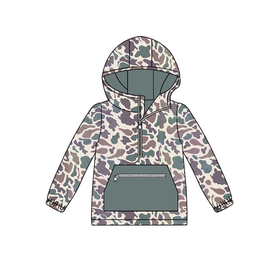 BT0754 Brown Green Camouflage Zipper Pocket Hooded Long Sleeve Top