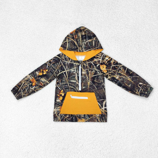BT0755 Leaf Camouflage Zippered Orange Pocket Hooded Long Sleeve Top