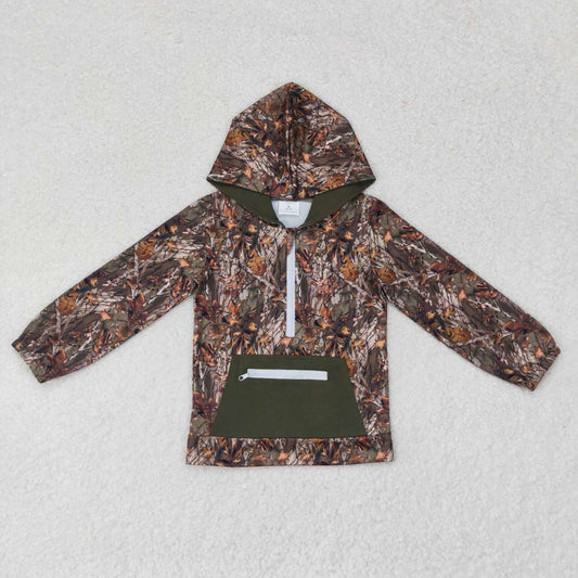 BT0756 Leaf and Branch Camouflage Zipper Pocket Hooded Long Sleeve Top