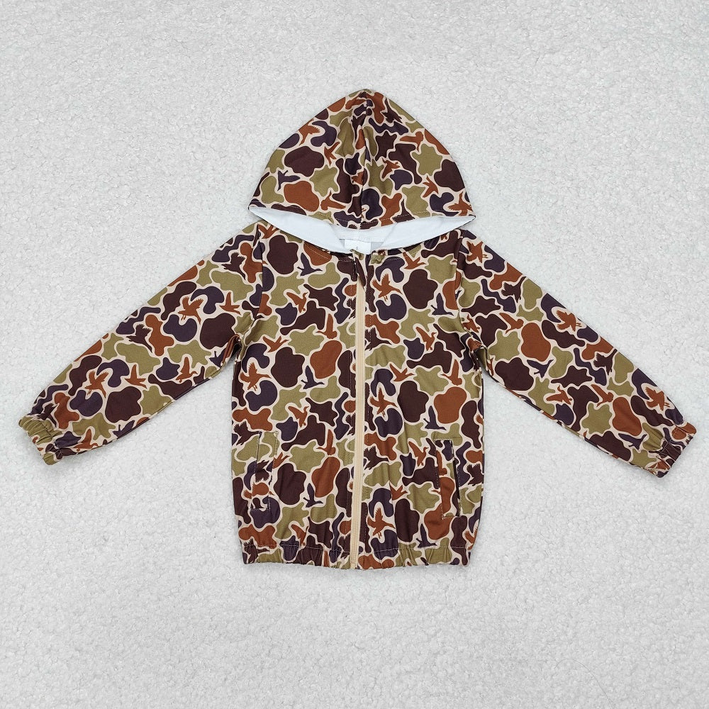 BT0762 Duck Camouflage Brown Green Zip-Up Hooded Long Sleeve Top