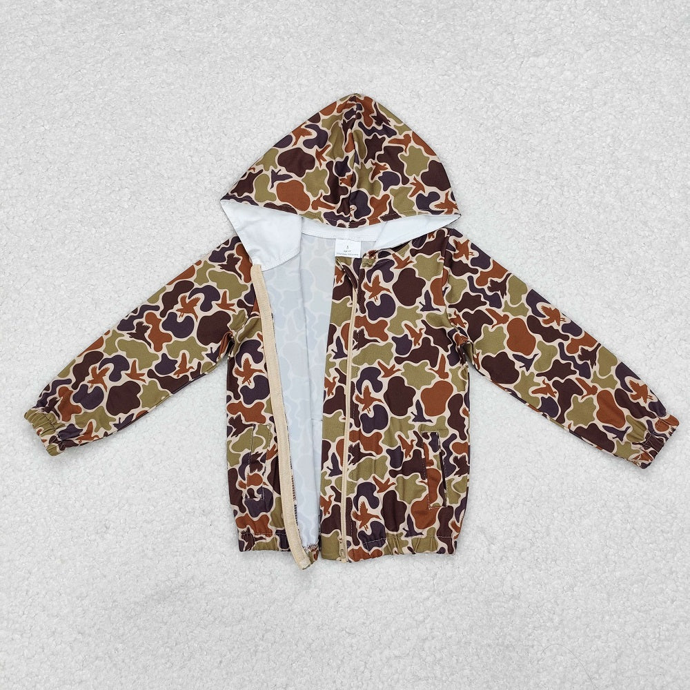 BT0762 Duck Camouflage Brown Green Zip-Up Hooded Long Sleeve Top