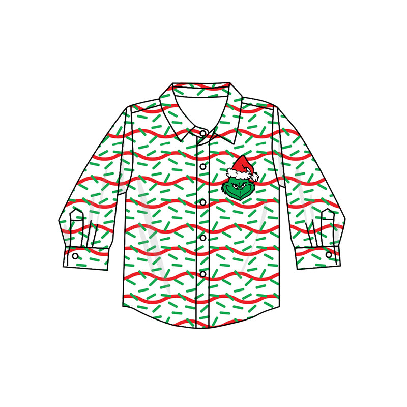 BT0769 Red and green wavy line white button long-sleeved top