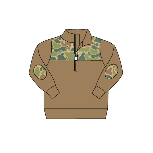 presale BT0771 Brown Green Camouflage Zipper Long Sleeve Top