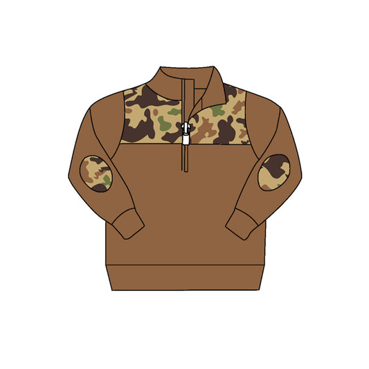 presale BT0772 Brown Camouflage Zip-Up Long Sleeve Top