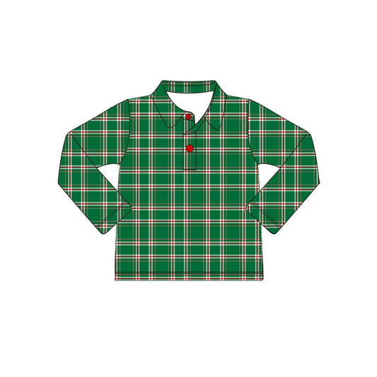 presale BT0779 Christmas Plaid Button Green Long Sleeve Top