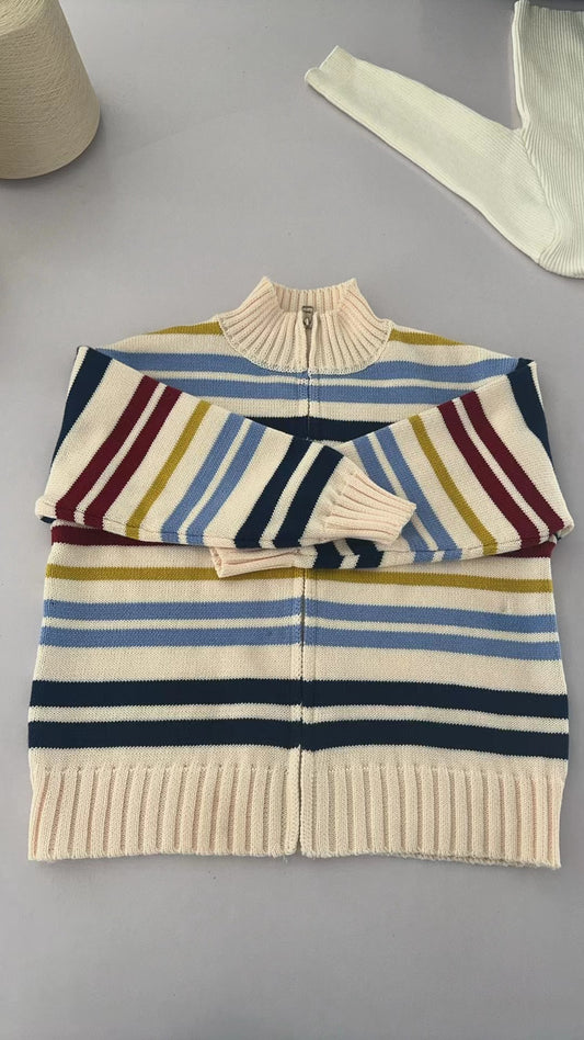 presale BT0780 Beige Zippered Sweater Long Sleeve Jacket with Colorful Stripes