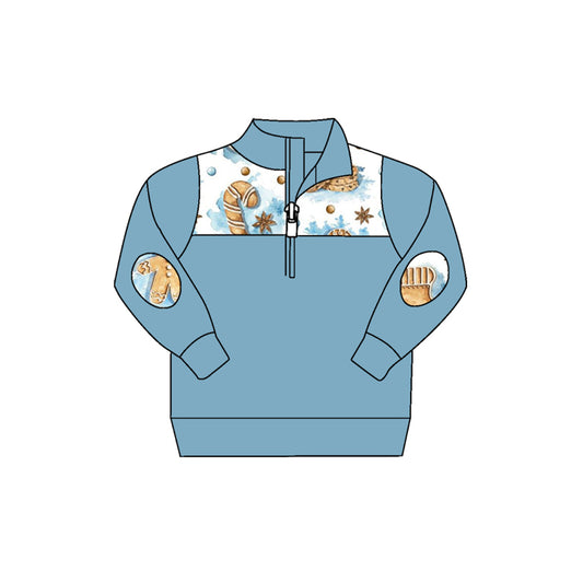 presale BT0785 Gingerbread Man Cookie Pocket Blue and White Zipper Long Sleeve Top