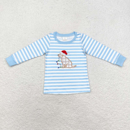 BT0791 Christmas Hat Puppy Light Striped Blue and White Long Sleeve Top